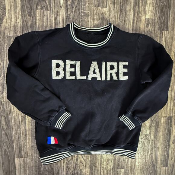 Belaire France Black Crewneck Sweatshirt Ribbed Trim French Flag Detail - Picture 1 of 5